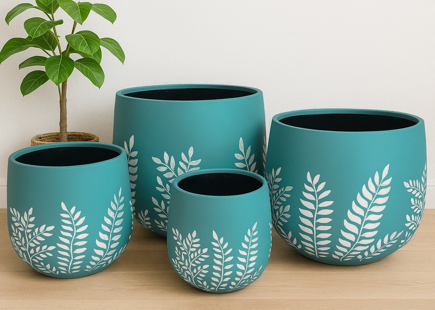 Bunge Fern Fibreglass Pot - Turquoise with White Leaves