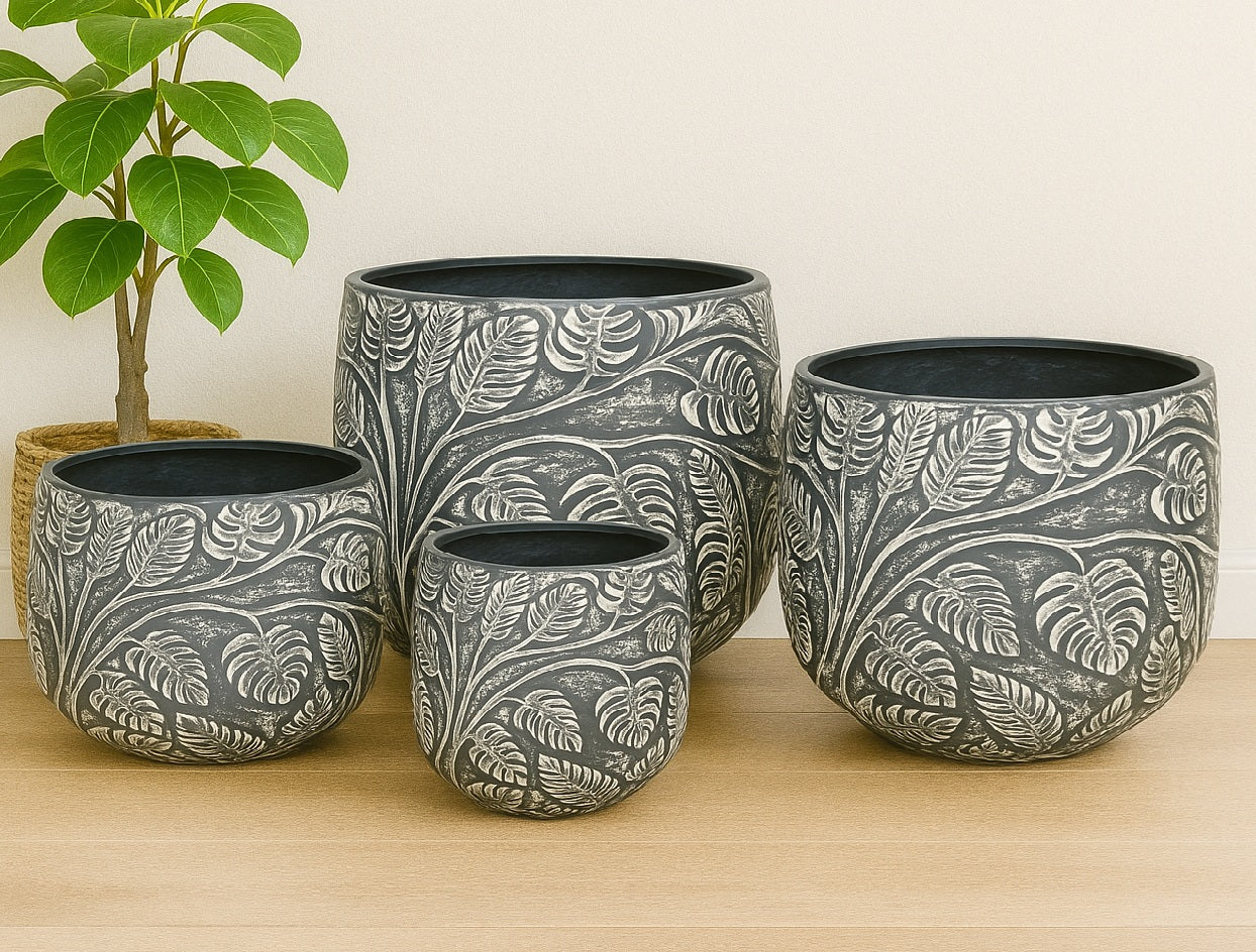 Bunge Monstera Fibreglass Pot - Black with White Leaves