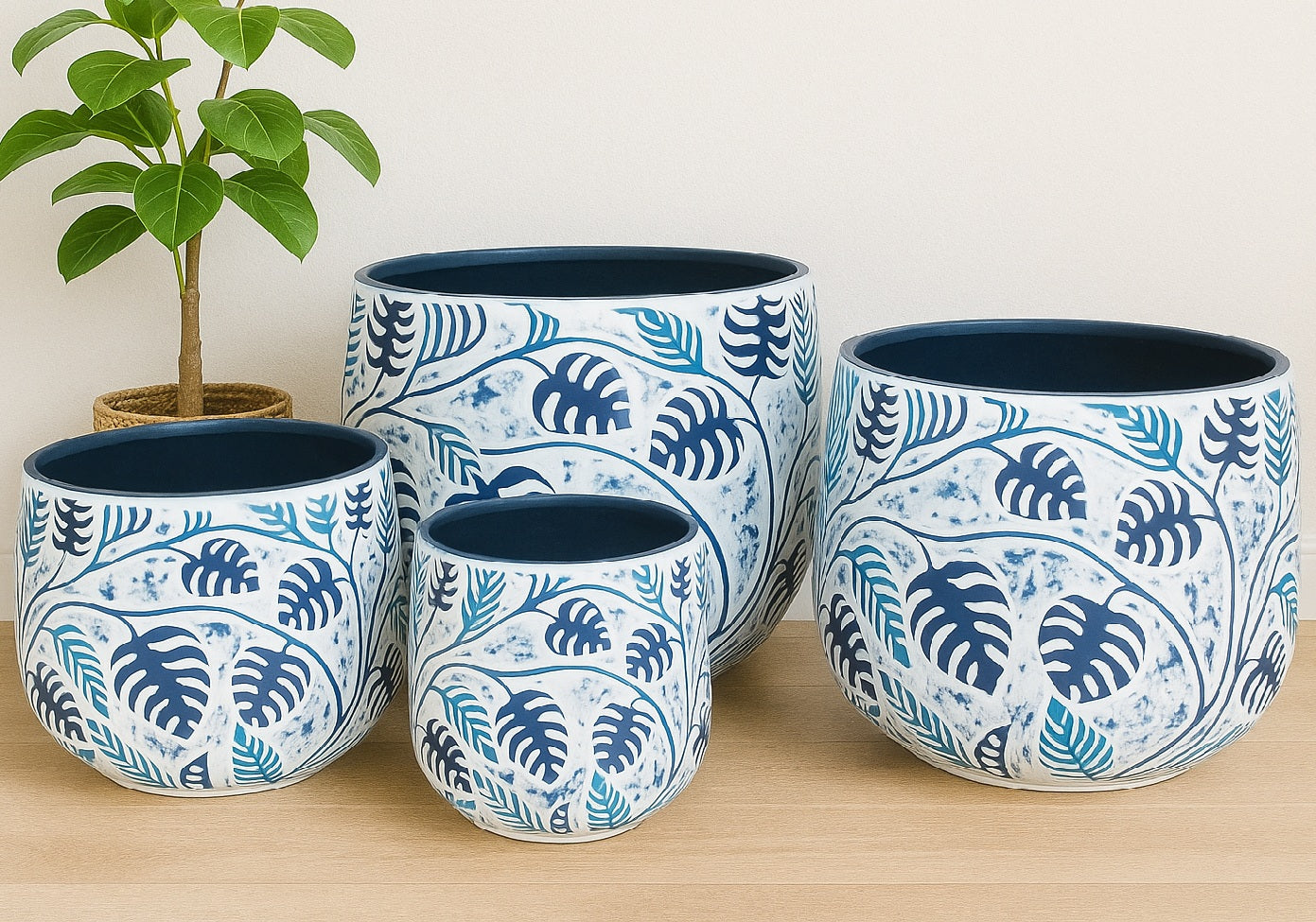 Bunge Monstera Fibreglass Pot - White with Blue Leaves