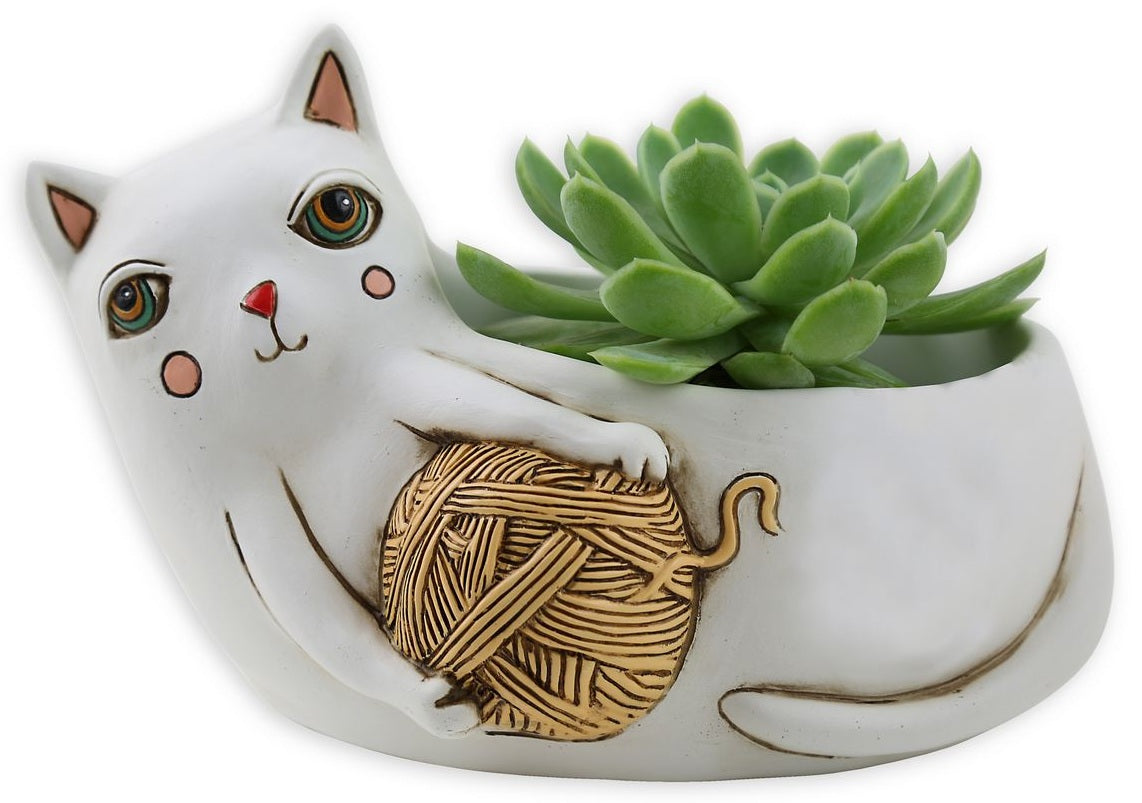 Cat With Yarn Planter - White