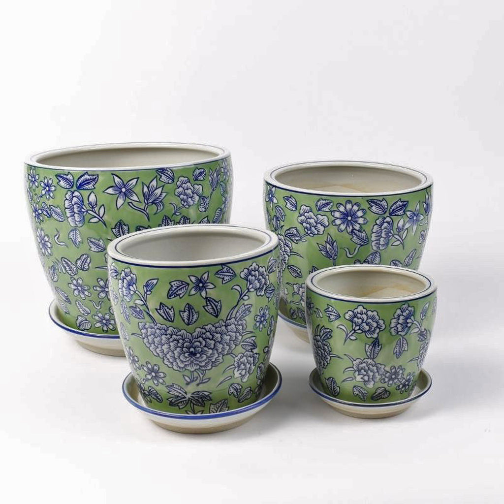 Round Ceramic Planter with Saucer - Green & Blue Floral