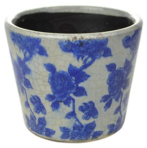 Round Vintage Blue White Ceramic Planter