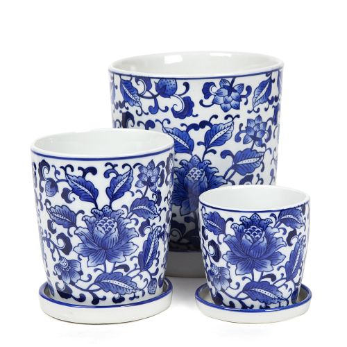 BLUE AND WHITE POT WITH SAUCER VINE