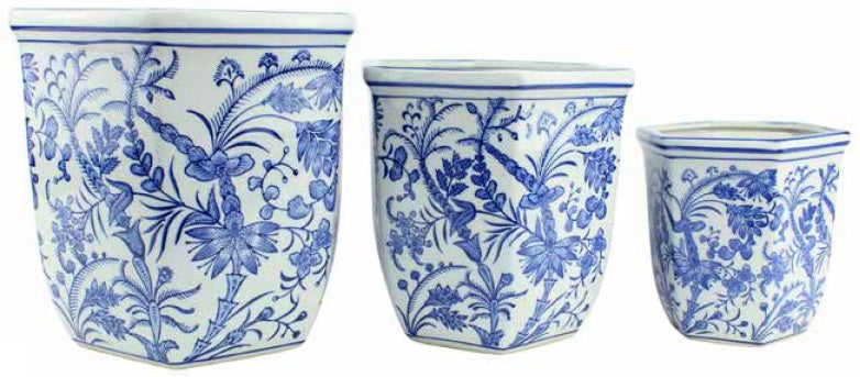 Hexagonal Pot With Saucer Blue Dechine